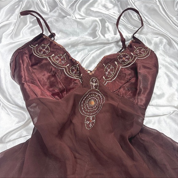 Angie Tops - y2k Angie Cami Top Brown Sheer Sequin Embroidered Boho Medallion M